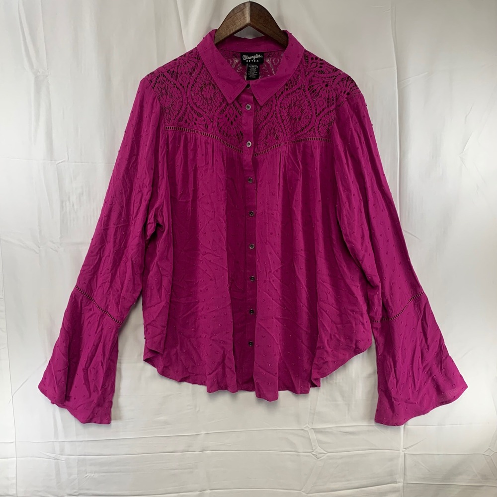 Wrangler Retro Blouse Womens XL Magenta Pink Lace Crochet Bell Sleeve Swiss Dot